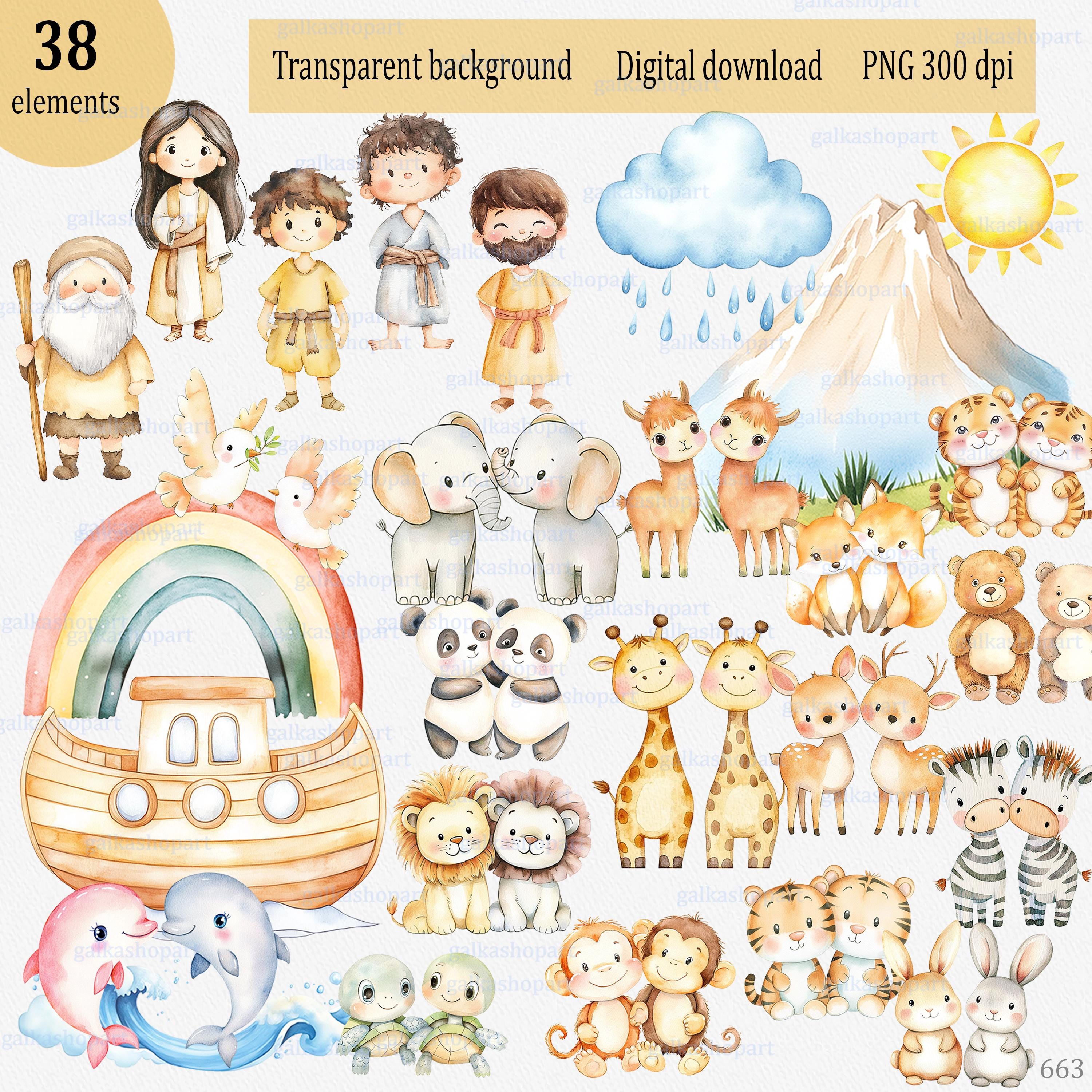Noah's Ark Watercolor Clipart, Bible Story, Baby Animal Pairs, Christian Sublimation, Neutral Nursery Decor, Baptism & Naming Day Graphics