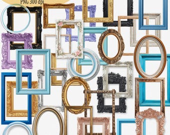 Realistic Vintage Frame Clipart set of 67, Gold Wood Rustic Picture Frames PNG, Antique Ornate Wedding Frames, Junk Journal Scrapbook