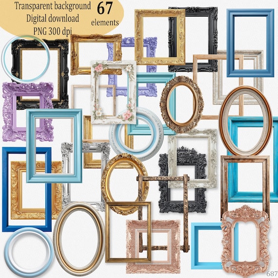 Realistic Vintage Frame Clipart set of 67, Gold Wood Rustic Picture Frames PNG, Antique Ornate Wedding Frames, Junk Journal Scrapbook