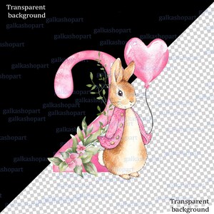 Watercolor Peter Rabbit birthday PNG clipart set with pink jacket bunny, heart balloon, greenery and floral number 1, 2 and 3 designs, shown on a baby bodysuit mockup.