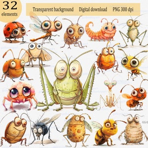 Conjunto de 32 insectos extravagantes de acuarela: divertidos dibujos animados cómicos clipart PNG, hormigas caprichosas, polillas, langostas, piojos, mosquitos, mariquitas, libélulas, etc.