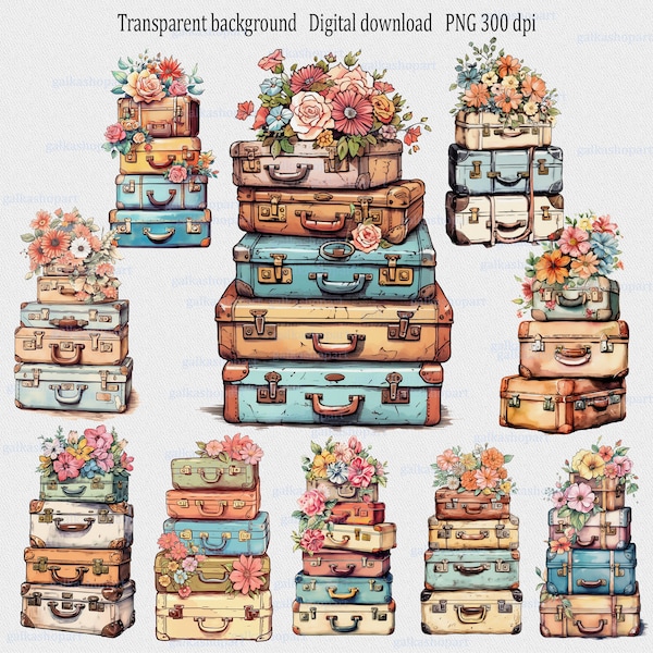 Stacked Floral Retro travel suitcases Sublimation Design, Vintage flower illustration, Fantasy Watercolor clipart PNG, Printable Travel Bag