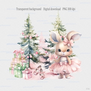 Diseño de sublimación de conejita bailarina navideña, PNG de bosque invernal rosa, Clipart de árbol de Navidad en acuarela, Tarjeta de Navidad para la primera Navidad, Saco de Papá Noel