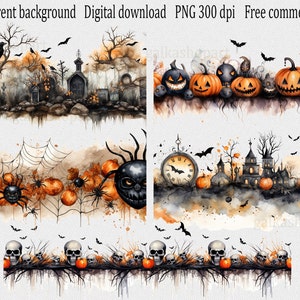 水彩ハロウィーンシームレスボーダークリップアート：秋のフレームPNG、秋のデザインガーランド、神秘的なデジタルイラスト、不気味なパーティーの装飾