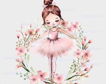 Pink Tutu Baby Ballerina in floral wreath PNG, Watercolor sublimation design, New Baby Shower, Birthday Girl clipart, Ballet party decor