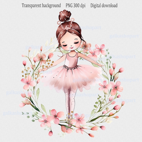 Pink Tutu Baby Ballerina in floral wreath PNG, Watercolor sublimation design, New Baby Shower, Birthday Girl clipart, Ballet party decor