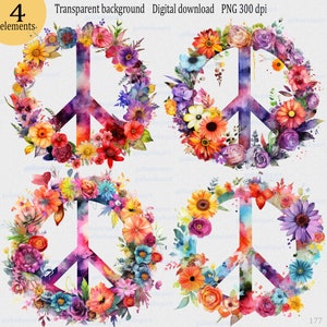 Clipart simbol de paix floral aquarelle, PNG Transparent, symbole du Pacifique sublimation design, fleur d'amour hippie, image imprimable
