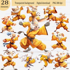 Imágenes prediseñadas de animales de granja de kung fu divertidos PNG transparente: atleta en pose de lucha, dibujos animados lindos de kung-fu, oveja, caballo, burro, pavo, gallo, vaca