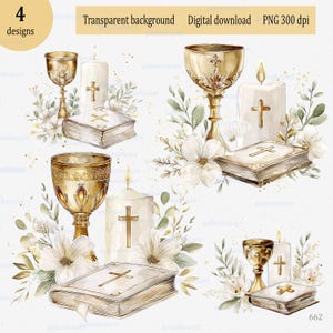 Première communion sublimation PNG, Clipart chrétien aquarelle, calice bougie Bible, baptême, faire-part religieux & conception de cartes