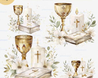 First Holy Communion Sublimation PNG, Watercolor Christian Clipart, Chalice Candle Bible, Baptism, Religious Invitation & Card Design
