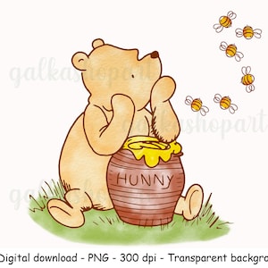 Classico design di sublimazione di Winnie the Pooh, decorazioni per baby shower e compleanni, clipart acquerello PNG, orso con miele, design di trasferimento per maglietta