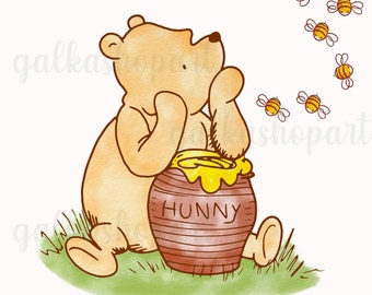Classic Winnie the Pooh Sublimation Design, Baby Shower&Birthday decor, Watercolor Clipart PNG, bear with honey, T-shirt Transfer design