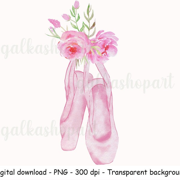 Pink Ballet Slippers, Sublimation Design PNG, Printable Artwork, Girls Birthday Card image, Dance Florals Shoes, Flowers Watercolor Clipart