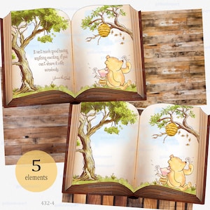 Classico acquerello clipart PNG di Winnie the Pooh e Pimpi sotto forma di libro vintage aperto per creare oggetti di scena per feste: biglietti d'invito, cartello di benvenuto