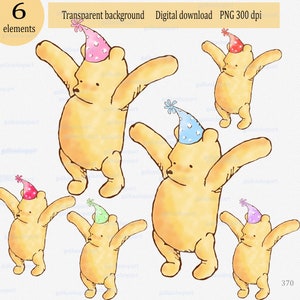 Diseño PNG de sublimación de Winnie the Pooh clásico con sombrero de fiesta: clipart de acuarela para baby shower, decoración de cumpleaños, oso con sombrero de cumpleaños