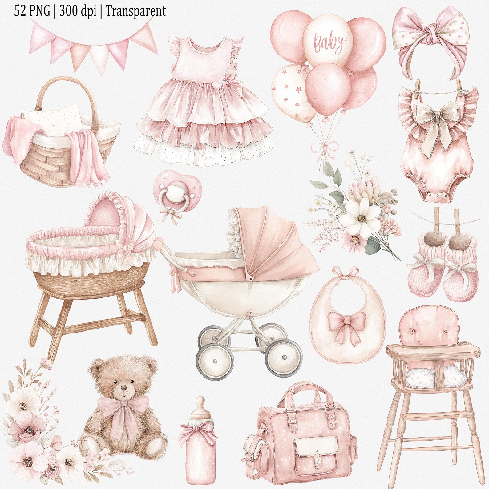 Pink Baby Girl Clipart Set: Watercolor Nursery Decor, Stroller, Toys ...