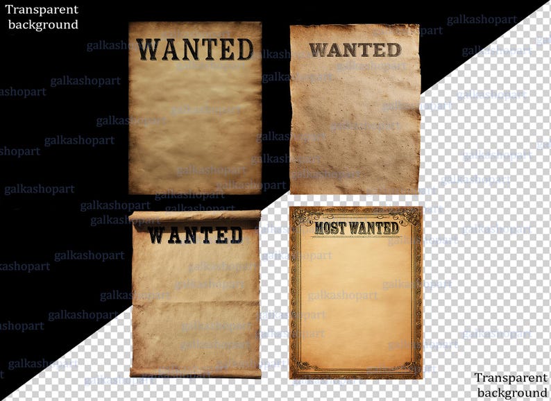 Vintage Wanted Poster PNG Bundle: Wild West Old Paper Backgrounds ...