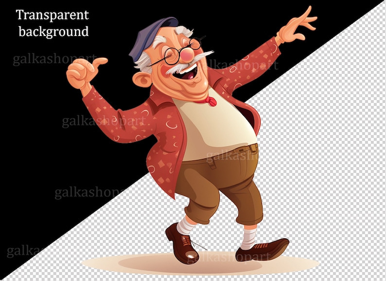 Funny Old man 12 PNG Clipart: Old Aged People, Watercolor Happy men, Cute cartoon grandfather, Gift for Grandpa, Elderly Clip Art set image 2