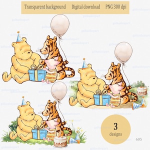 Klassieke Winnie de Poeh met vrienden in de scène van het verjaardagsfeestje Clipart PNG: aquarelontwerp voor sublimatie en afdrukken, kunst aan de muur kinderkamer