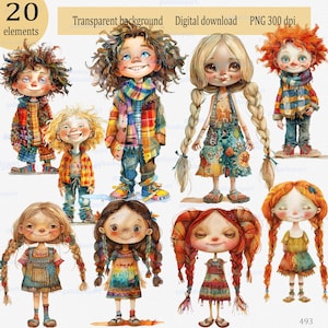 Sublimationsdesigns mit schrulligen Puppen: süße Papier Mädchen, wunderliche Jungen, Folk Style Clipart, mehrfarbige Grafiken, strukturierte Mischtechnik