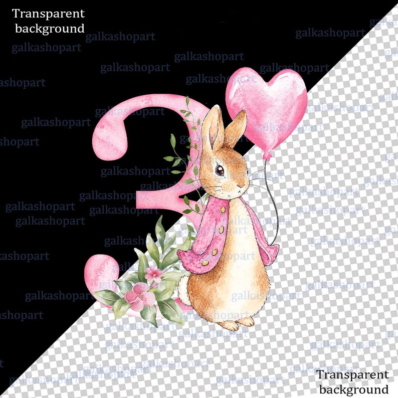 Watercolor Peter Rabbit birthday PNG clipart set with pink jacket bunny, heart balloon, greenery and floral number 1, 2 and 3 designs, shown on a baby bodysuit mockup.