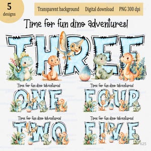 Ontwerpen voor verjaardag van 1-5 jaar met aquareldinosaurussen in png-indeling: dino-feestdecor, Jura-clipart voor sublimatie op kaartshirt-pyjama
