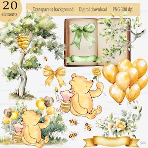 Set von 20 Sublimationsdesigns mit Classic Winnie the Pooh und anderen Elementen: Babyparty & Geburtstagsdekor, Aquarell Bär Clipart PNG