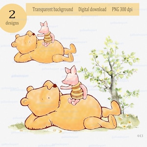 Classic Winnie the Pooh & Piglet clipart PNG: Children party decor; Watercolor Sublimation Design with Bear Piglet; gender neutral wall art