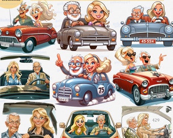 Pic with the blonde lady and old man in a car: happy elderly couple, 22 clipart PNG, humorous cartoon caricature