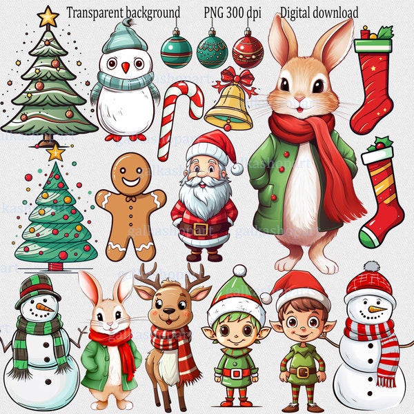 Christmas png cliparts set for Sublimation: Cute Santa cartoon graphics, Xmas tree ornaments, Winter snowman reindeer elf Peter rabbit owl
