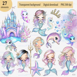 Kleine Meerjungfrau, Aquarell Glitzer Clipart PNG, niedliche Babys Tiere, Meeresleben, Delfin Schildkröte Panzerkoralle, Meeresalgen, Unterwasserschloss