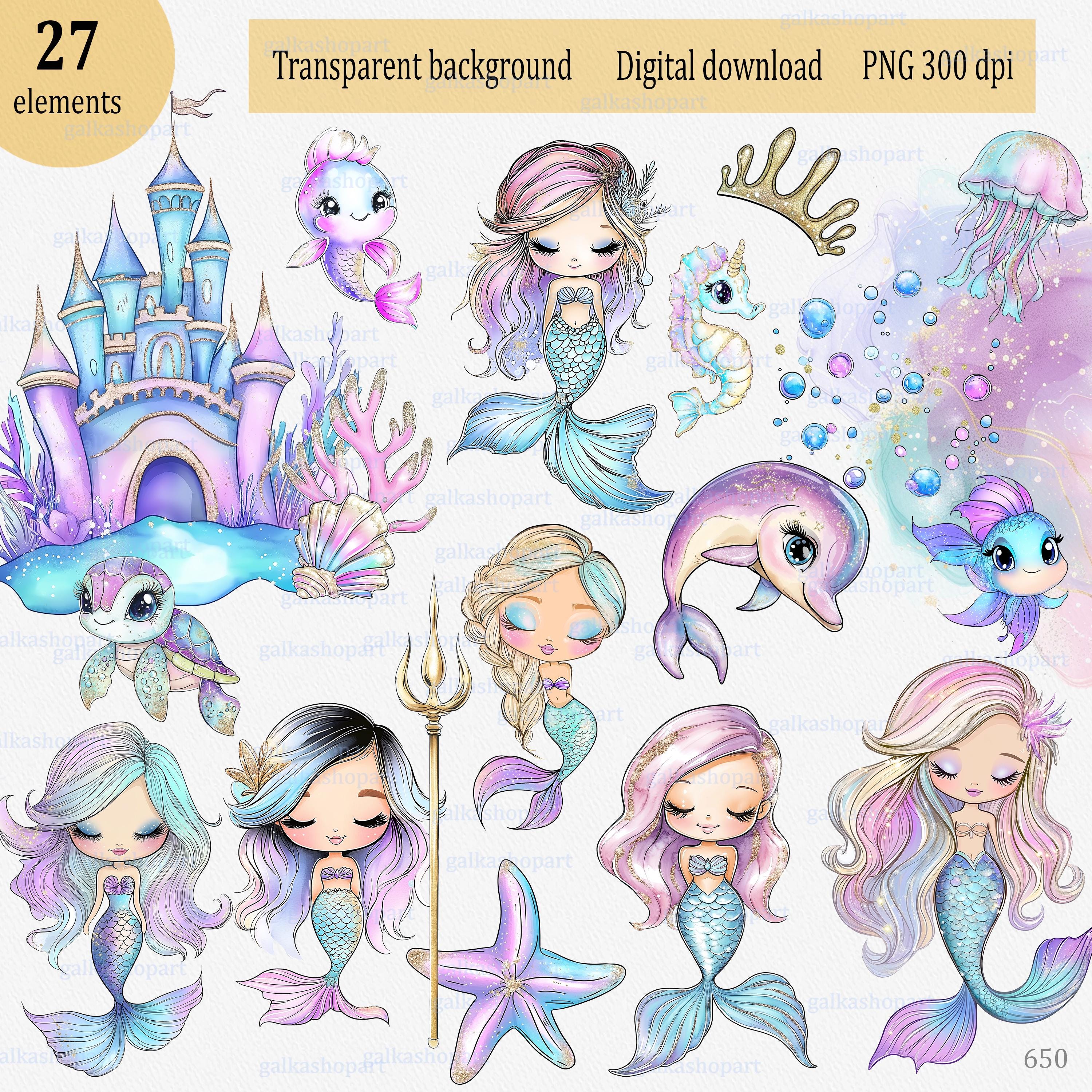 Mermaid Clipart PNG Bundle, Watercolor Ocean Princess Characters ...