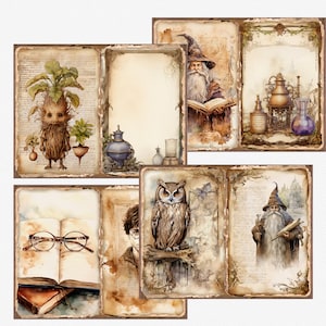 May include: A set of six printable digital papers featuring vintage illustrations of a wizard, an owl, a magical creature, and potion-making equipment. The papers have a distressed, aged look and are perfect for scrapbooking, card making, and other crafting projects.