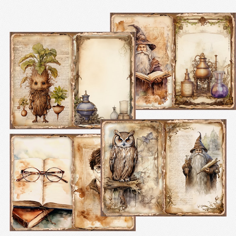 May include: A set of six printable digital papers featuring vintage illustrations of a wizard, an owl, a magical creature, and potion-making equipment. The papers have a distressed, aged look and are perfect for scrapbooking, card making, and other crafting projects.