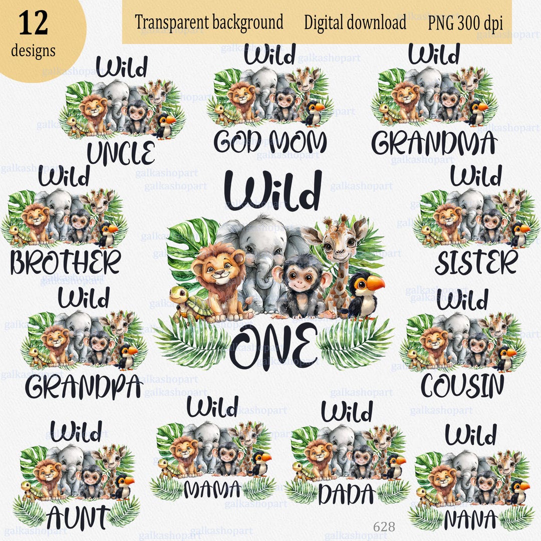 Wild One Safari PNG Clipart: Watercolor Jungle Baby Animals for Family ...