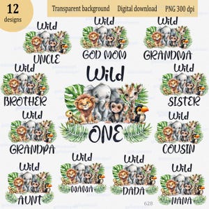 Motifs de sublimation Wild One pour t-shirt assorti à la famille, clipart PNG pour le 1er anniversaire de garçon, bébé animal safari aquarelle dans la jungle, maman papa, etc.