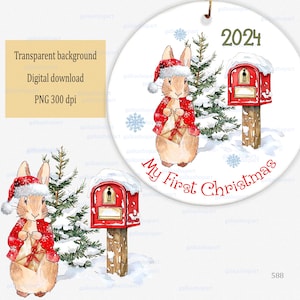 Acuarela Navidad Peter Rabbit en escena nevada de invierno PNG clipart: Conejito Flopsy con sobre de carta cerca del buzón, diseño de Baby First Christmas