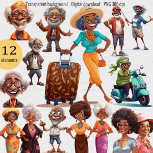 Divertida caricatura PNG de mujeres y hombres afroamericanos mayores: abuela pescadora; pareja de abuelas; viajero anciano; abuela en scooter