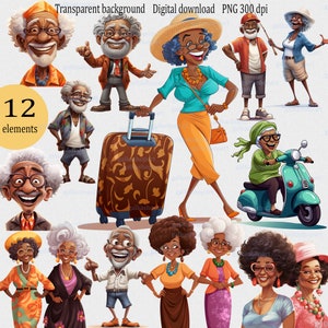 Funny cartoon clipart PNG of old AfroAmerican women & men:  grandma fisherman; couple of grandmothers; elderly traveler; granny on scooter