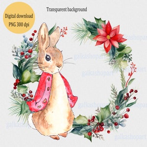 ピーターラビットのクリスマスリースのクリップアートPNG：水彩画の赤いウサギのクリスマスデザイン、昇華プリント、カード作り、サンタサック、赤ちゃんの初