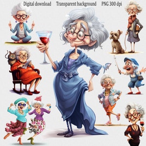 Funny Old Ladies Clipart PNG, Happy Woman fisherman, Cute cartoon drunk grandmother, Cheerful Granny cat and dog lover, gift Grandma yoga