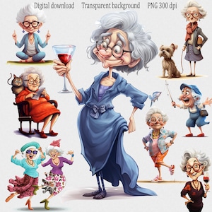 Lustige alte Damen Clipart PNG, glückliche Frau Fischer, niedliche Cartoon betrunkene Großmutter, fröhliche Oma Katze und Hundeliebhaber, Geschenk Oma Yoga