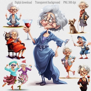 Funny Old Ladies Clipart PNG, Happy Woman fisherman, Cute cartoon drunk grandmother, Cheerful Granny cat and dog lover, gift Grandma yoga