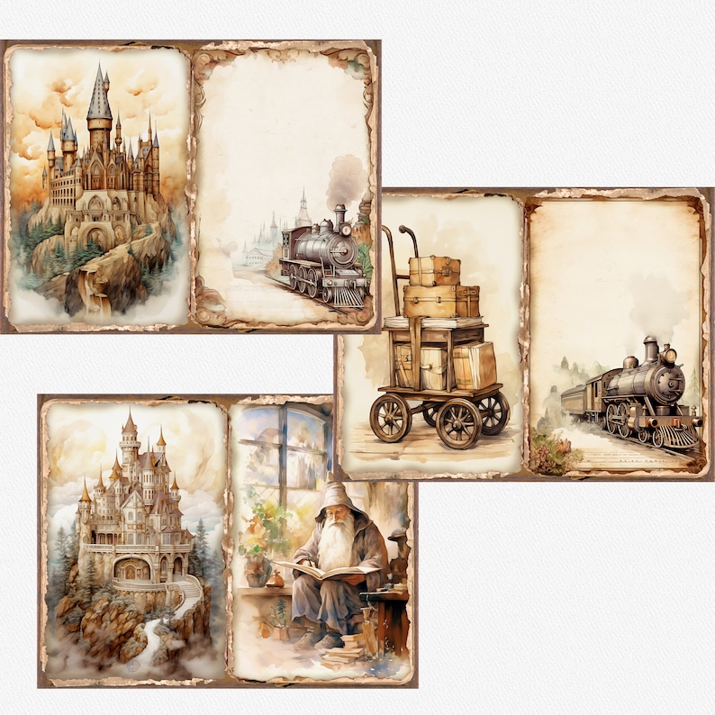 May include: A collage of five vintage-style illustrations featuring a whimsical castle, a steam train, a luggage cart, a wizard reading a book, and a window with a view of a forest. The illustrations are painted in warm tones of brown, yellow, and green.