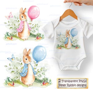 2 kleuren Peter Rabbit-ontwerp, Flopsy het dorpskonijntje illustratie, babyshower en kinderfeestje, lentetuin met groenten, clipart png