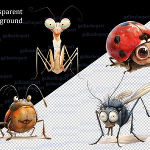 Set of 32 Watercolor Quirky Insect: Funny Comical Cartoon Clipart PNG ...