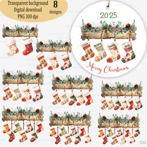 Clipart PNG d'ornement de Noël familial, conception de bas de Noël à personnaliser, ajoutez votre nom, planche de bois aquarelle avec bordure et chaussettes