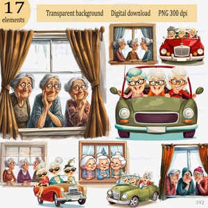 Photo avec les vieilles dames dans une décapotable et les grand-mères avec la tête sortie par la fenêtre : 17 cliparts PNG, caricature humoristique