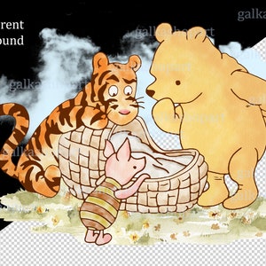 K&ouml;nnte beinhalten: Eine Aquarell-Illustration von Winnie Puuh, Tigger und Ferkel. Winnie Puuh ist ein gelber B&auml;r mit einem roten Hemd. Tigger ist ein orangefarbener Tiger mit schwarzen Streifen. Ferkel ist ein rosa Schwein mit einem braunen und gelben gestreiften Hemd. Sie stehen alle um einen Weidenkorb herum.