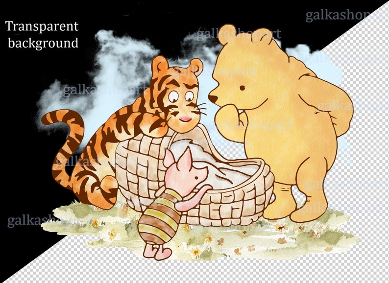 K&ouml;nnte beinhalten: Eine Aquarell-Illustration von Winnie Puuh, Tigger und Ferkel. Winnie Puuh ist ein gelber B&auml;r mit einem roten Hemd. Tigger ist ein orangefarbener Tiger mit schwarzen Streifen. Ferkel ist ein rosa Schwein mit einem braunen und gelben gestreiften Hemd. Sie stehen alle um einen Weidenkorb herum.
